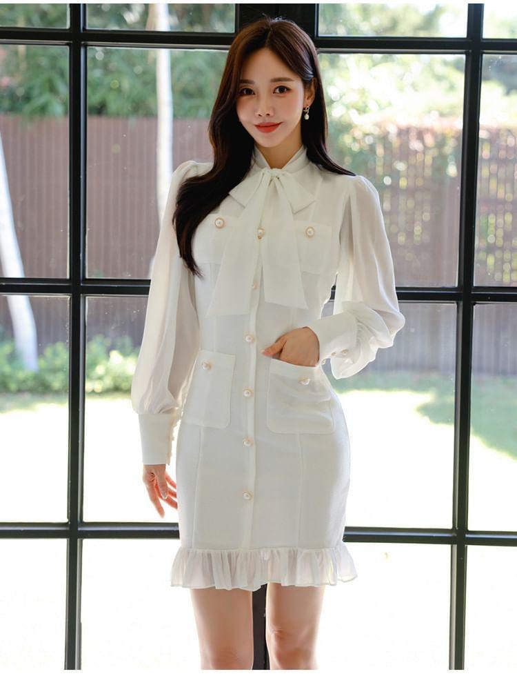 Long Sleeve Tie Neck Plain Button Mini Bodycon Dress Product Image