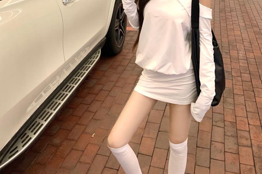 Long Sleeve One Shoulder Plain Mini Bodycon Dress Product Image