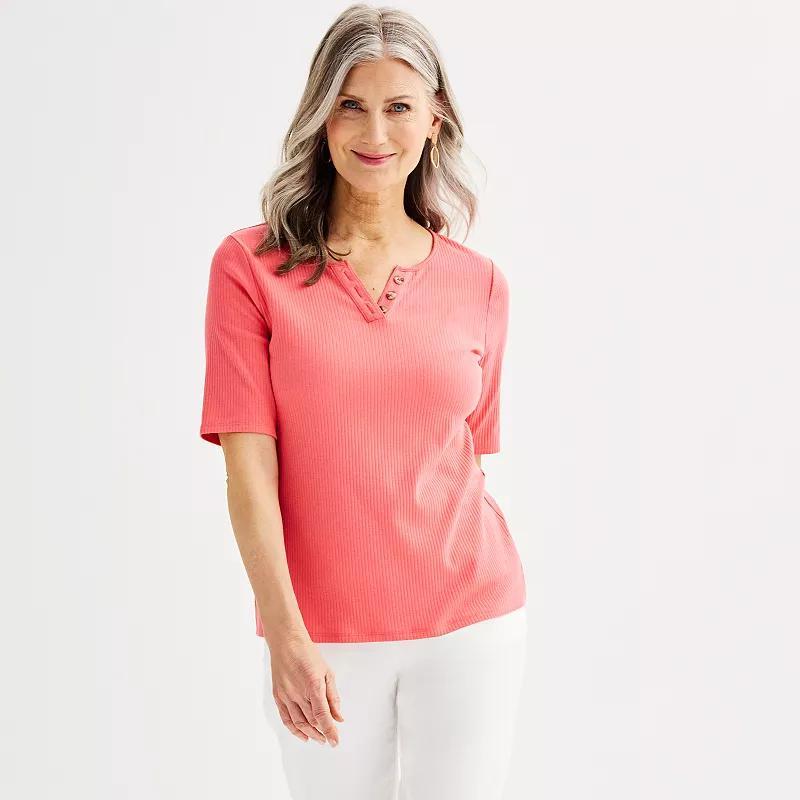 Womens Croft & Barrow Elbow Sleeve Rib V-Neck Top Product Image