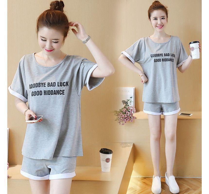 Maternity Set: Short-Sleeve Lettering T-Shirt + Mid Rise Plain Shorts Product Image