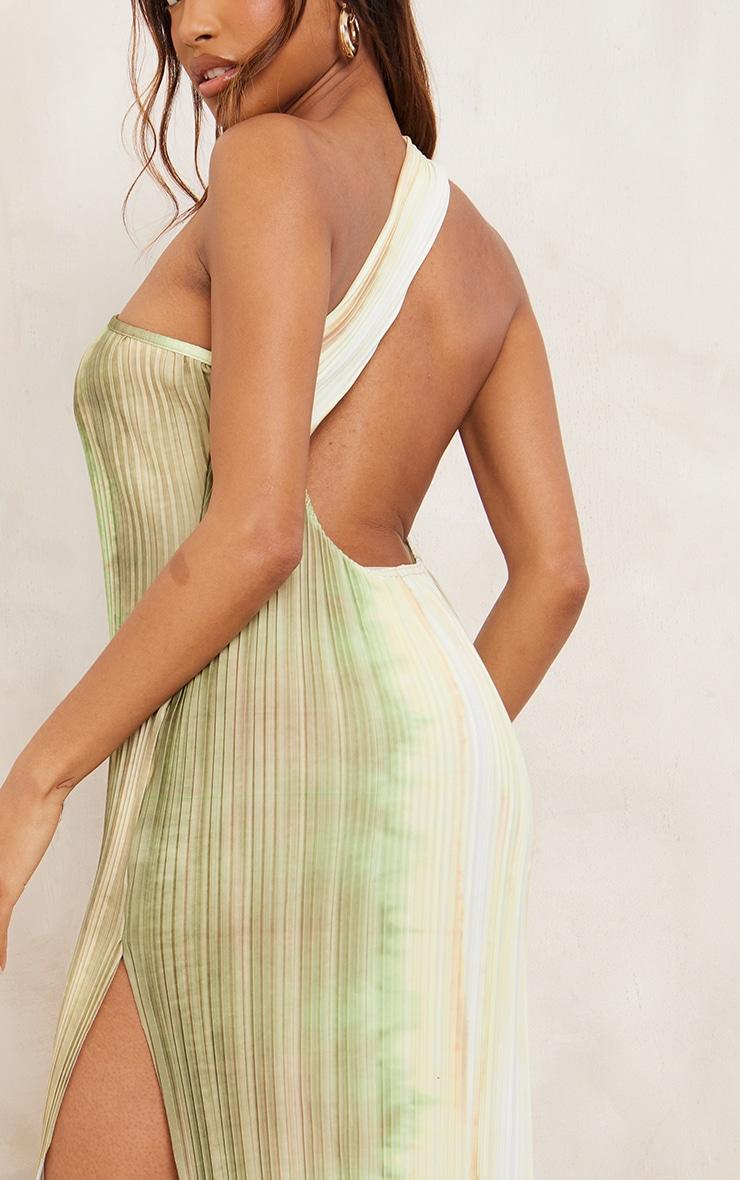 Green Watercolour Plisse One Shoulder Scoop Back Maxi Dress Product Image