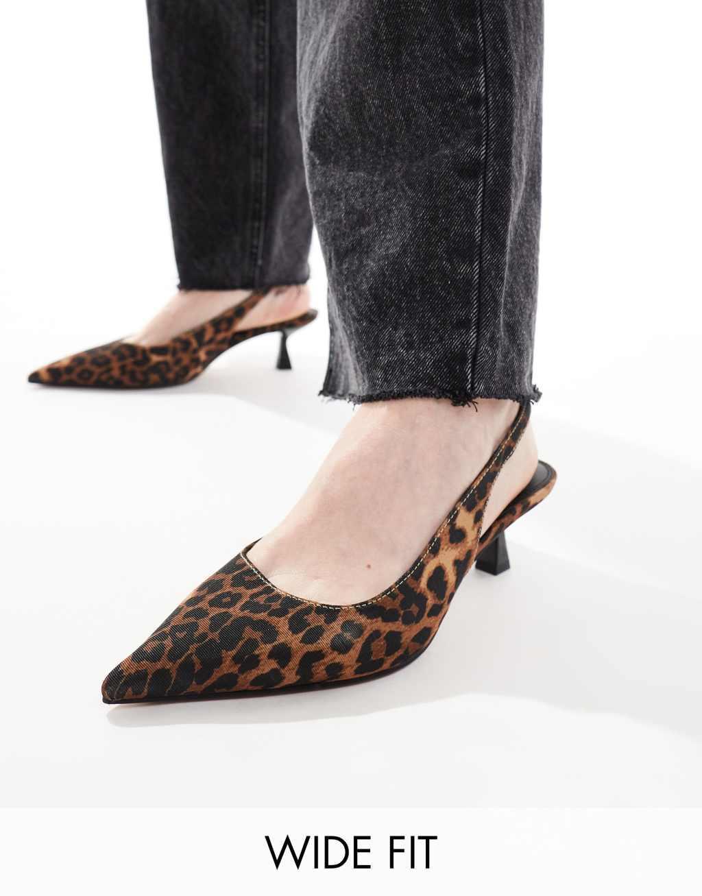 ASOS DESIGN Wide Fit Stroll slingback kitten heel shoes in leopard Product Image