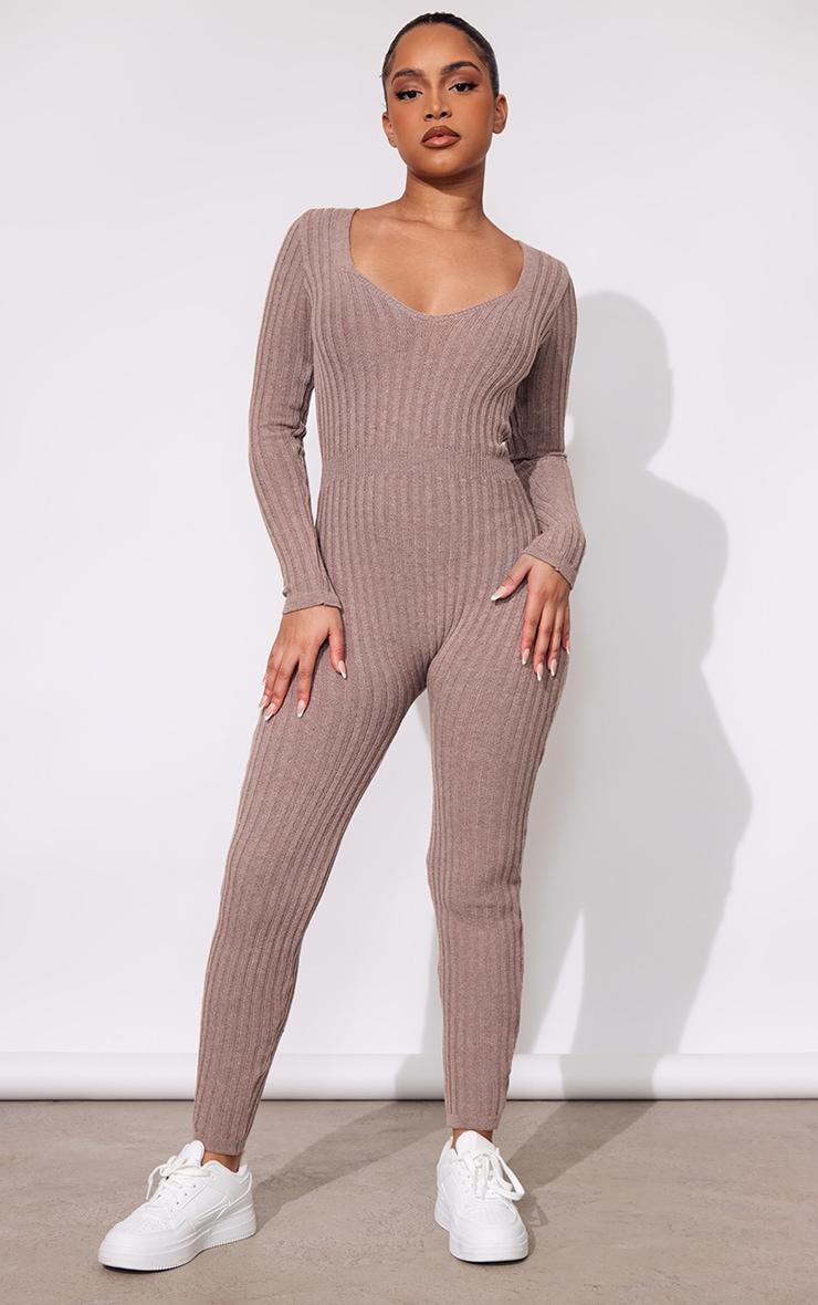 Petite Brown Long Sleeve Knit Jumpsuit Product Image