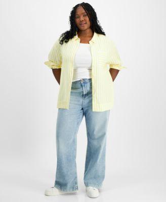 Plus Size Stripe Relaxed-Fit Button-Up Shirt, Created for Macy's Product Image