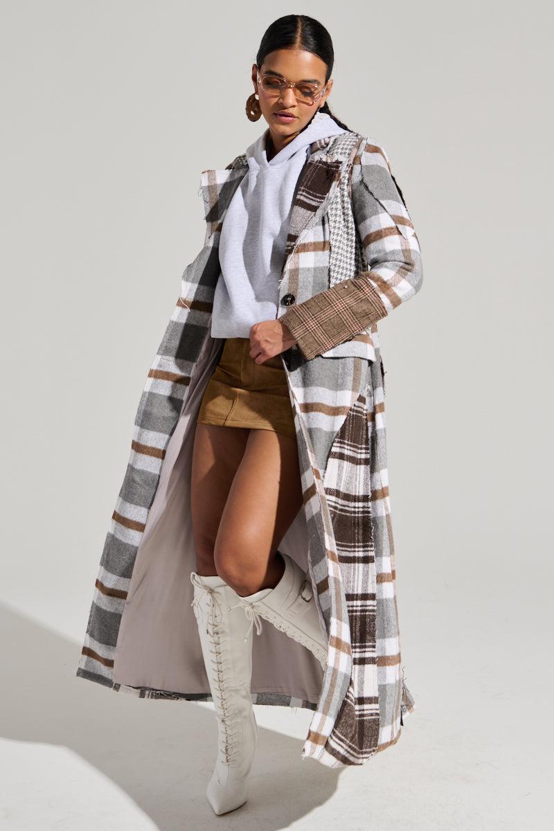 MIXED PLAID NOT FEELINGS PATCHWORK TRENCH Product Image