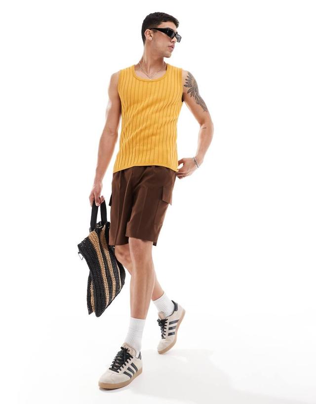 ASOS DESIGN muscle lightweight knitted rib tank top in mustard Product Image