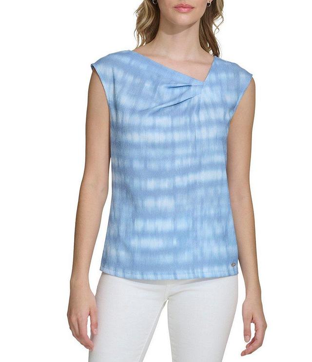 Calvin Klein Printed Asymmetrical Neck Cap Sleeve Blouse Product Image