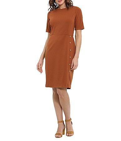 London Times Short Sleeve Crew Neck Side Button Detailing Scuba Crepe Sheath Dress Product Image