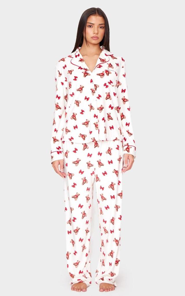 Cream Teddy Print Velour Fleece Long Pj Set Product Image