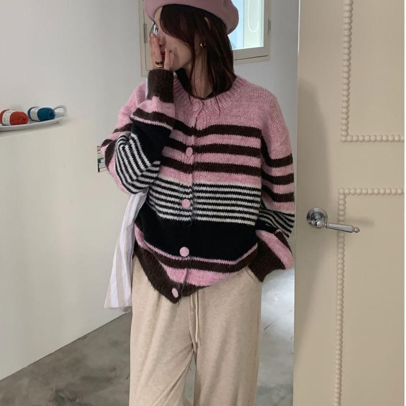 Round Neck Striped Cardigan Product Image