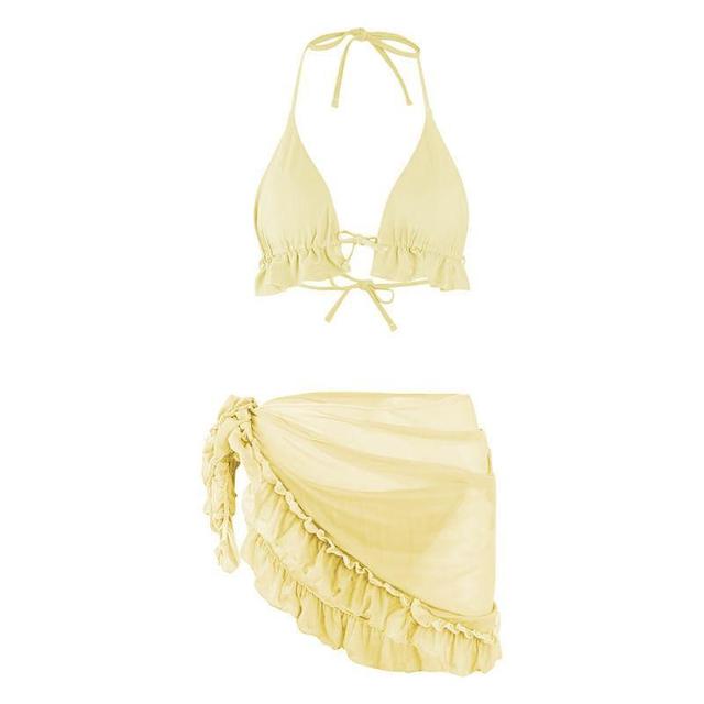 Set: Halter Neck Plain Bow Accent Ruffle Trim Bikini Top + Bottom + Cover Up Skirt Product Image