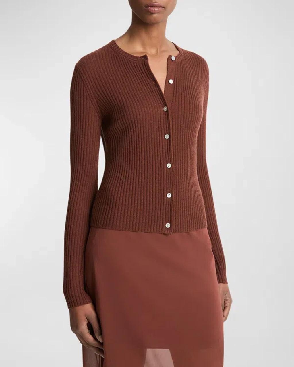 Ribbed Cashmere And Silk Fitted Cardigan In Deep Rosewood product image