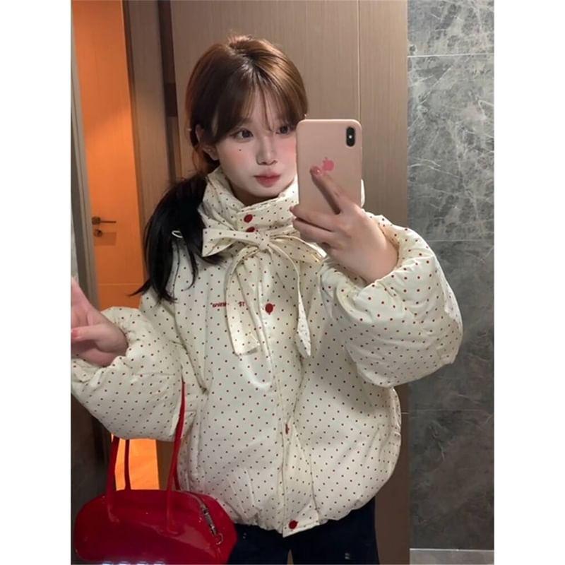 Mock Neck Dotted Button-Up Puffer Jacket Product Image