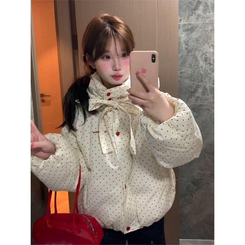 Mock Neck Dotted Button-Up Puffer Jacket Product Image