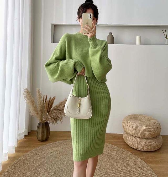 Set: Crew Neck Plain Crop Sweater + Sleeveless V-Neck Plain Ribbed Knit Sheath Dress Product Image