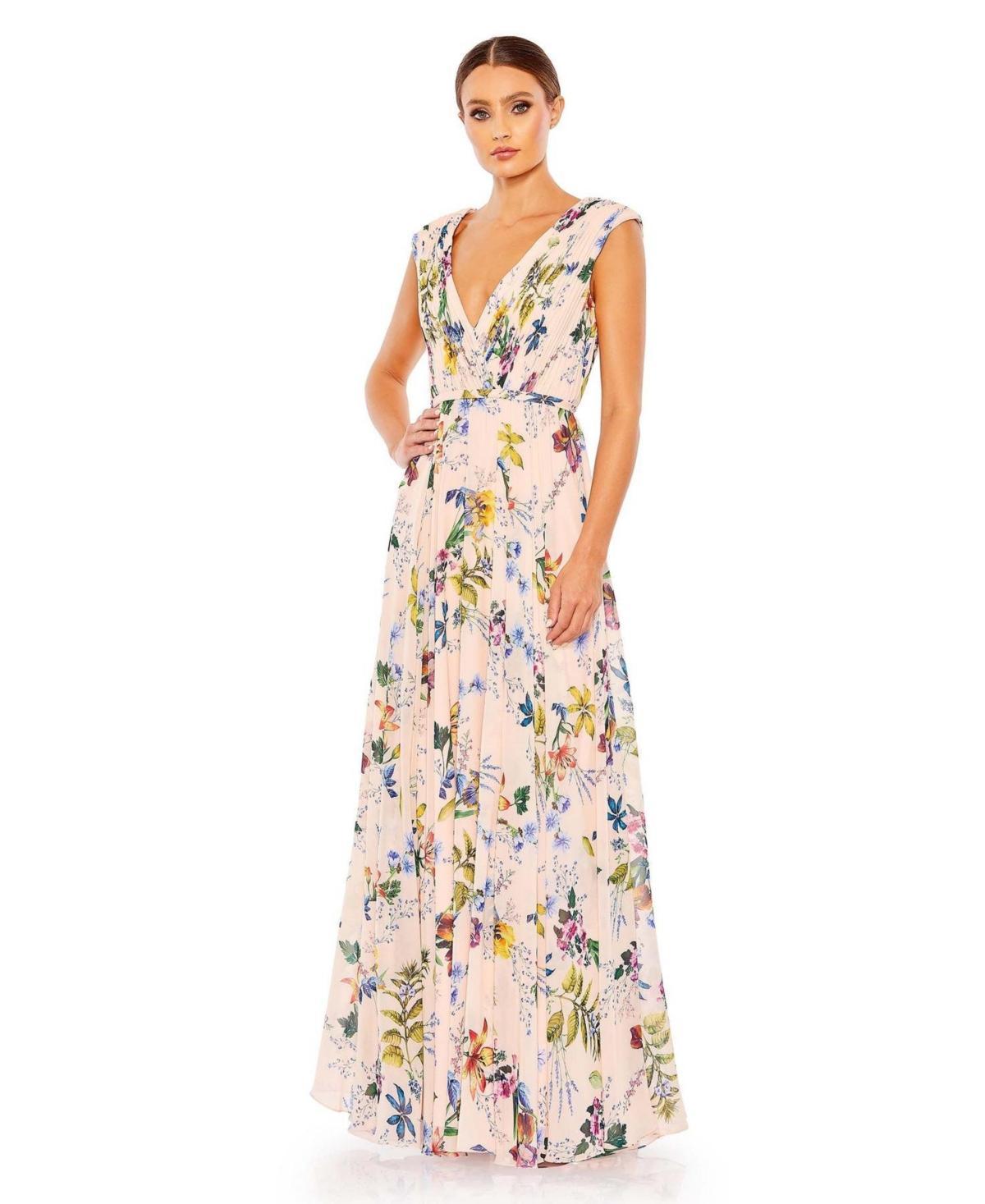 Womens Pleated Floral A-Line Gown Product Image