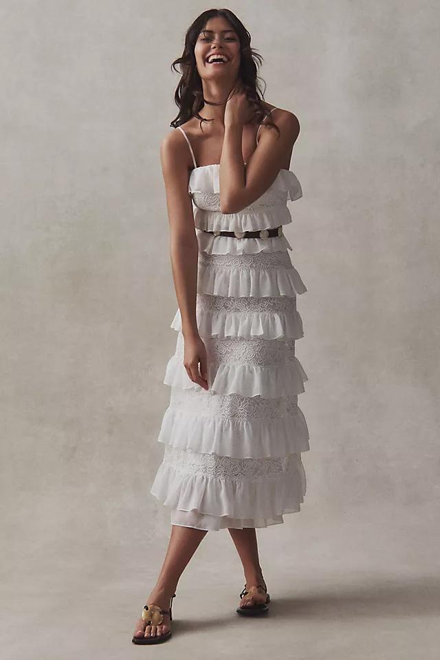 BHLDN Strapless Tiered Ruffle Lace Midi Dress Product Image