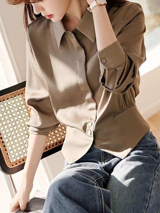 Long-Sleeve Plain Crop Shirt Product Image