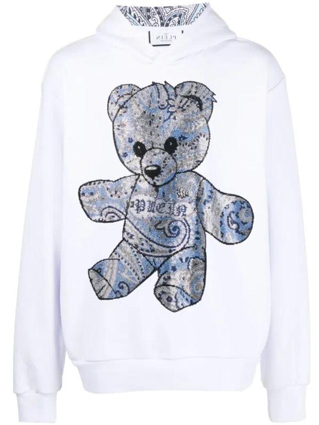 Rhinestone Teddy-bear Print Hoodie In White Product Image