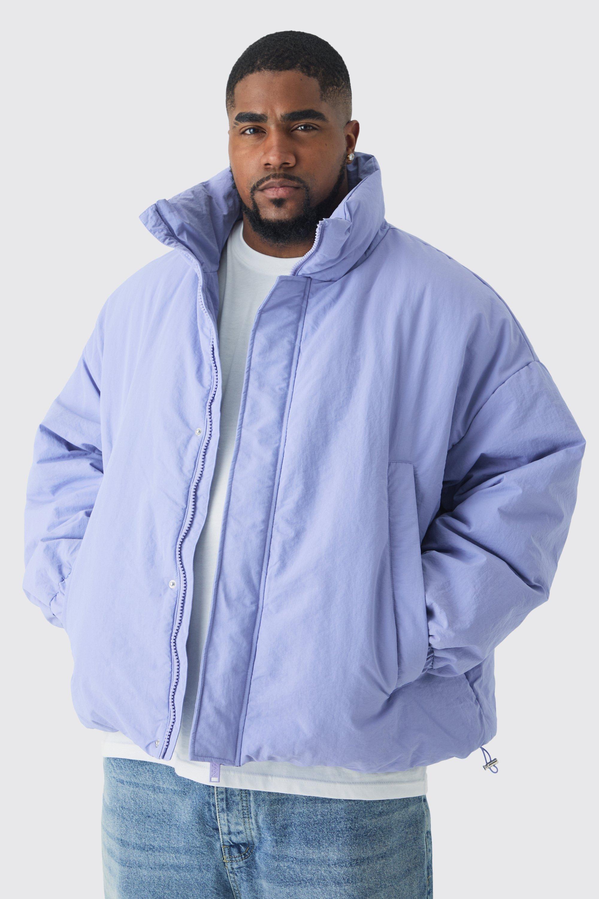 Plus Oversized Boxy Padded Funnel Neck Coat In Lilac | boohooMAN USA Product Image