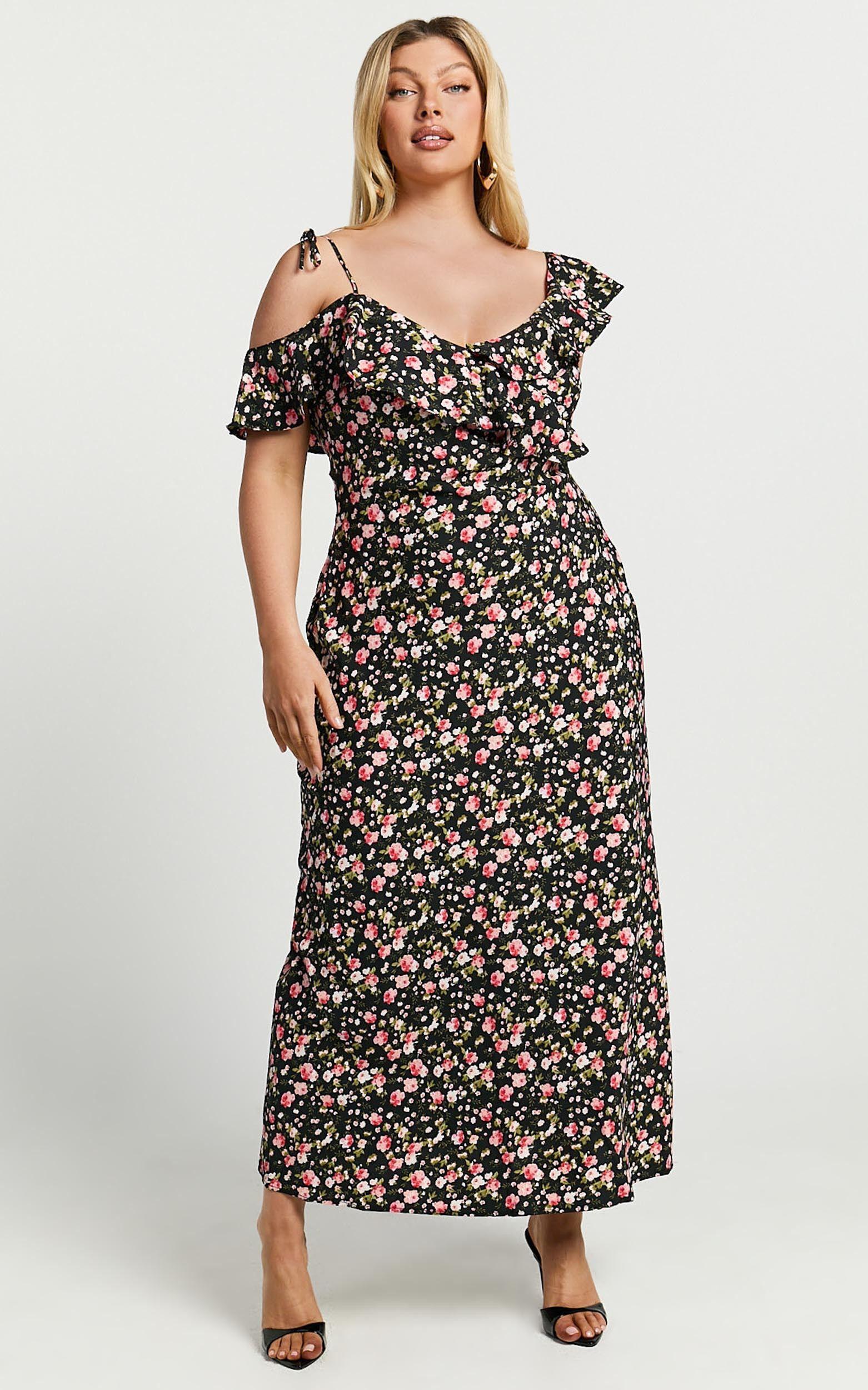 Giulia Midi Dress - One Shoulder Frill Detail Dress in Black Floral Product Image