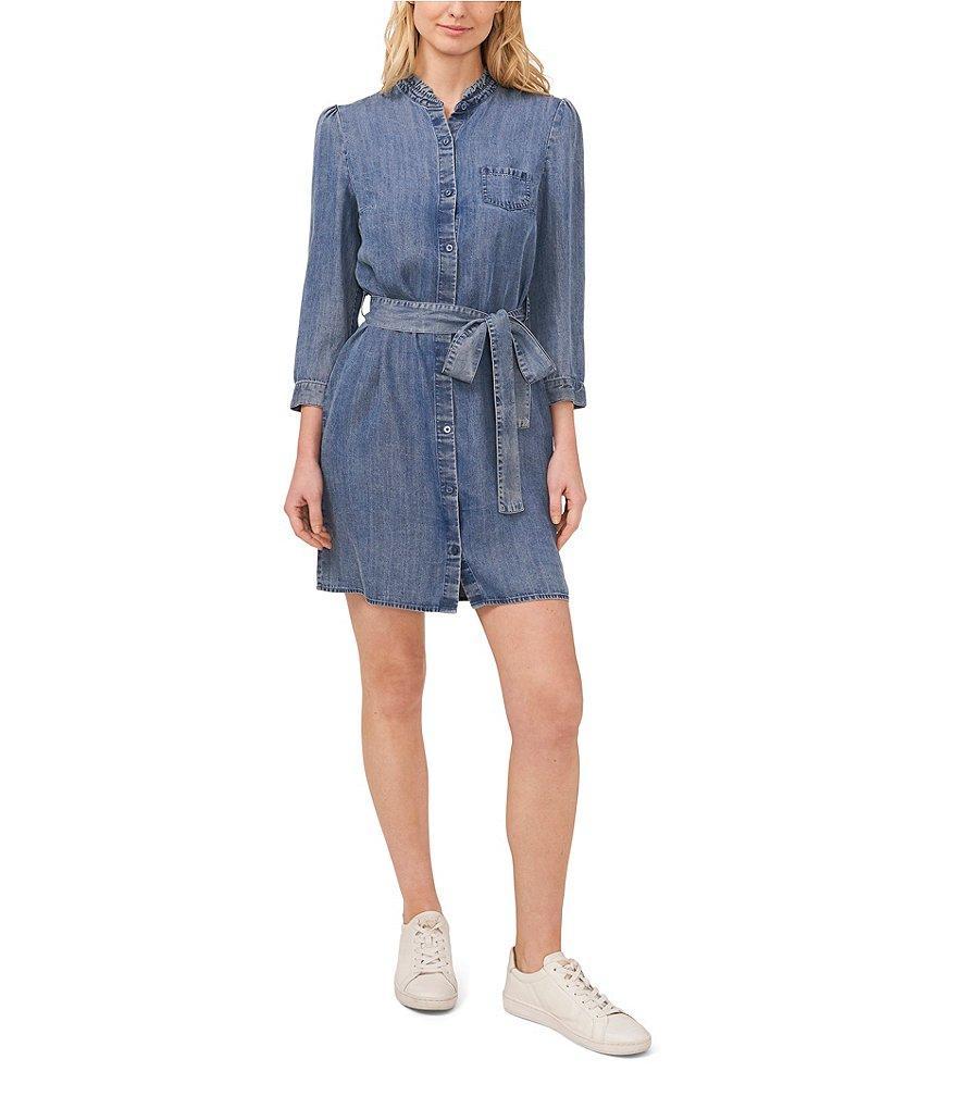 CeCe Ruffle Mandarin Collar 3/4 Sleeve Button Front Belted Denim Chambray Shirt Dress product image