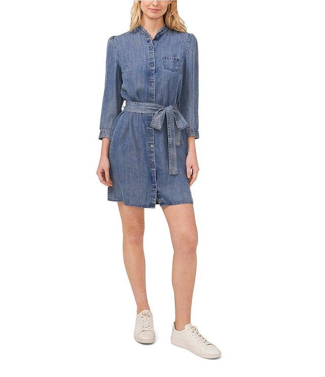 CeCe Ruffle Mandarin Collar 3/4 Sleeve Button Front Belted Denim Chambray Shirt Dress Product Image