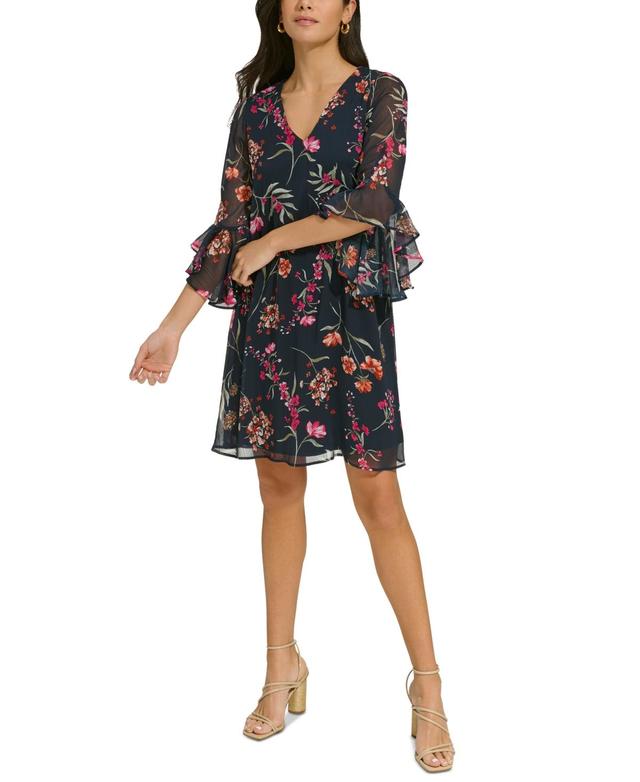 Calvin Klein Womens Printed Chiffon Bell-Sleeve Dress Product Image