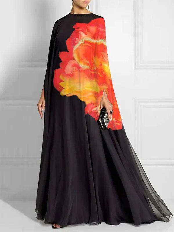 Batwing Sleeves Loose Contrast Color Floral Printed Round-Neck Maxi Dresses Product Image