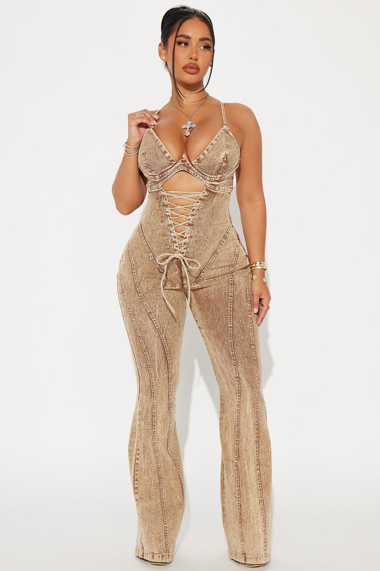 Level You Up Washed Denim Jumpsuit - Tan Product Image