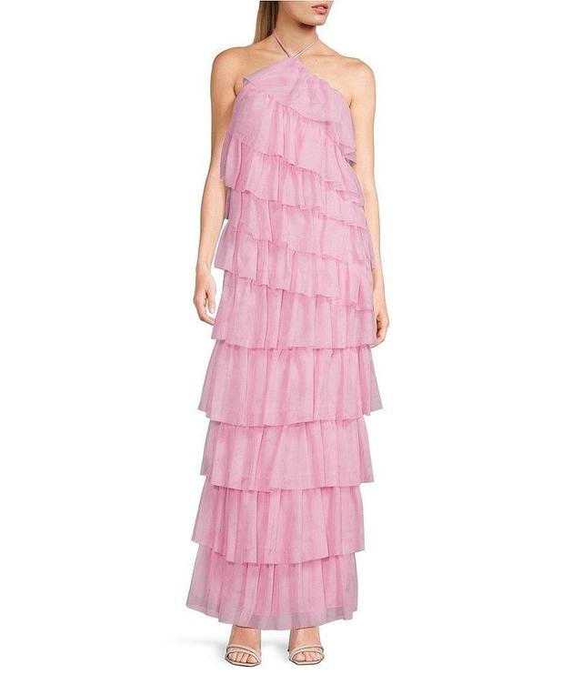 Morgan & Co. Tulle Halter Neck Ruffle Tiered Long Dress Product Image