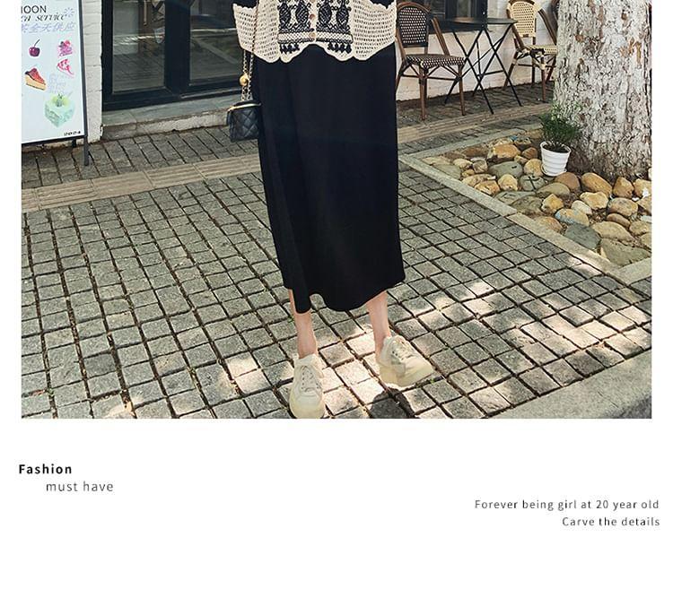 Long-Sleeve Round Neck Mock Two-Piece Patterned Knit Panel Midi Tunic Dress Product Image