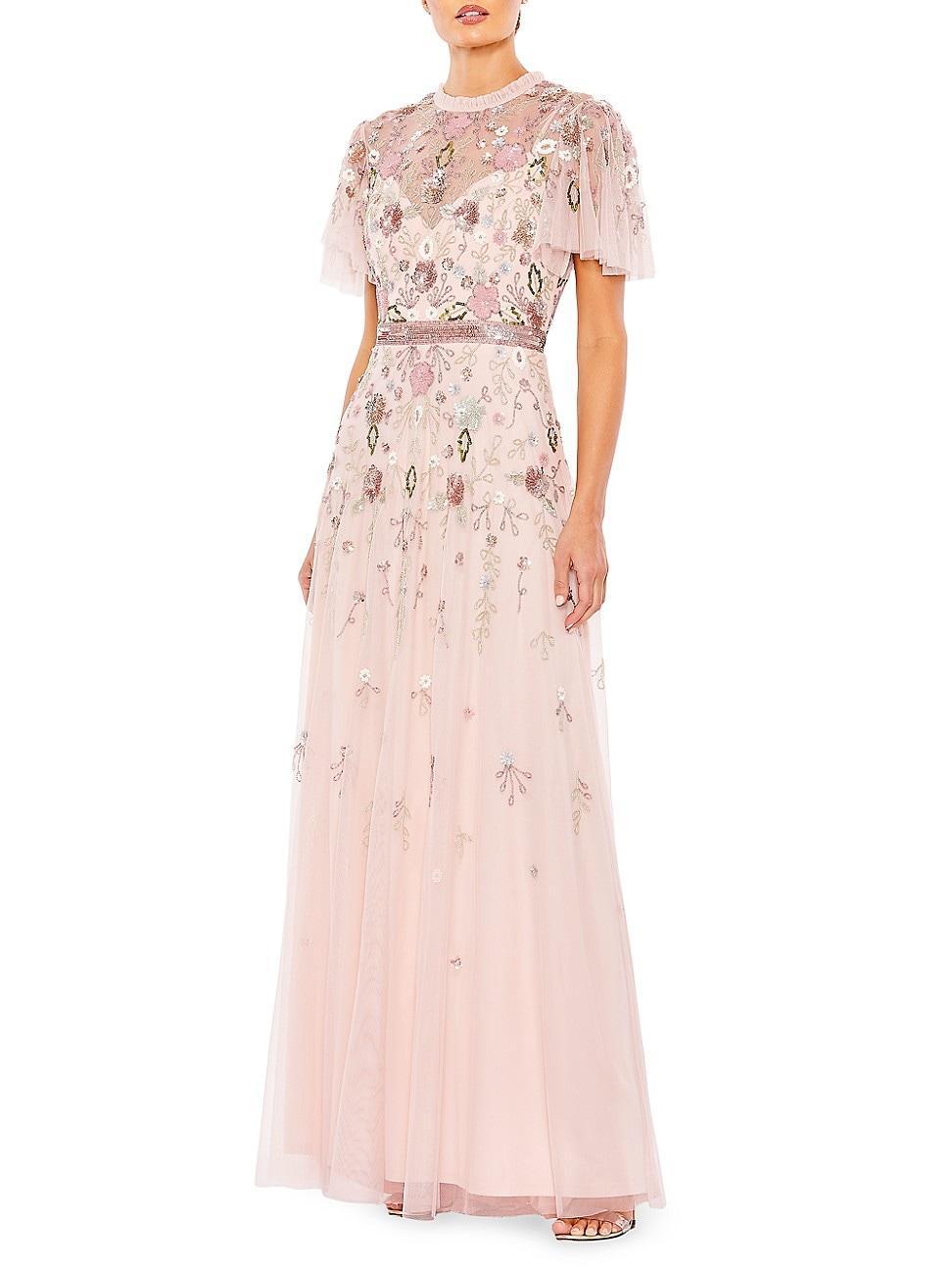 Womens Embellished High-Neck Butterfly-Sleeve Gown Product Image