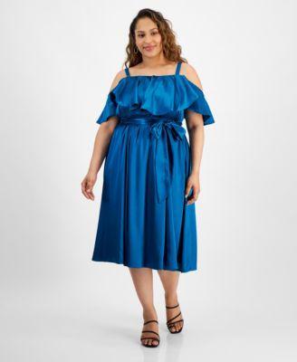 Plus Size Ruffled Square-Neck Cold-Shoulder Midi Dress Product Image