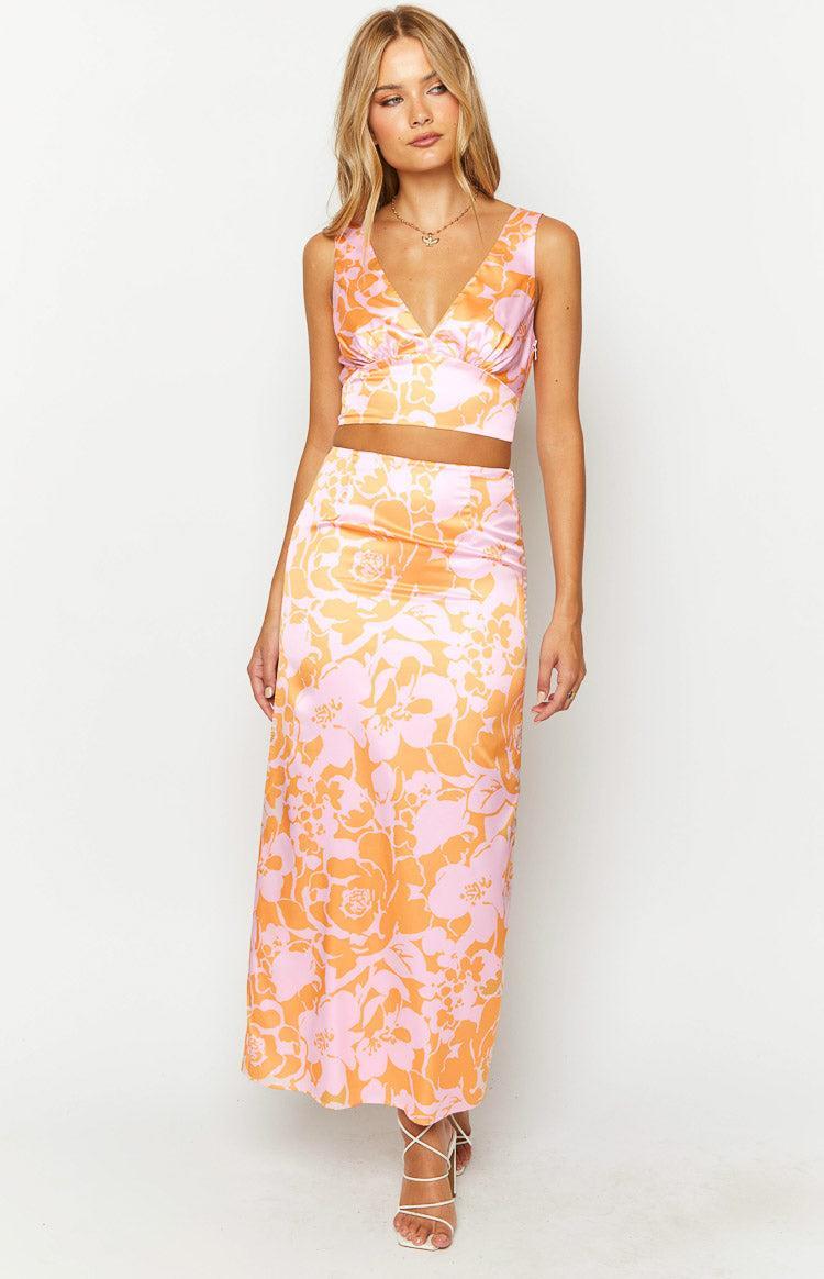 Dahlia Orange And Pink Floral Print Maxi Skirt Product Image