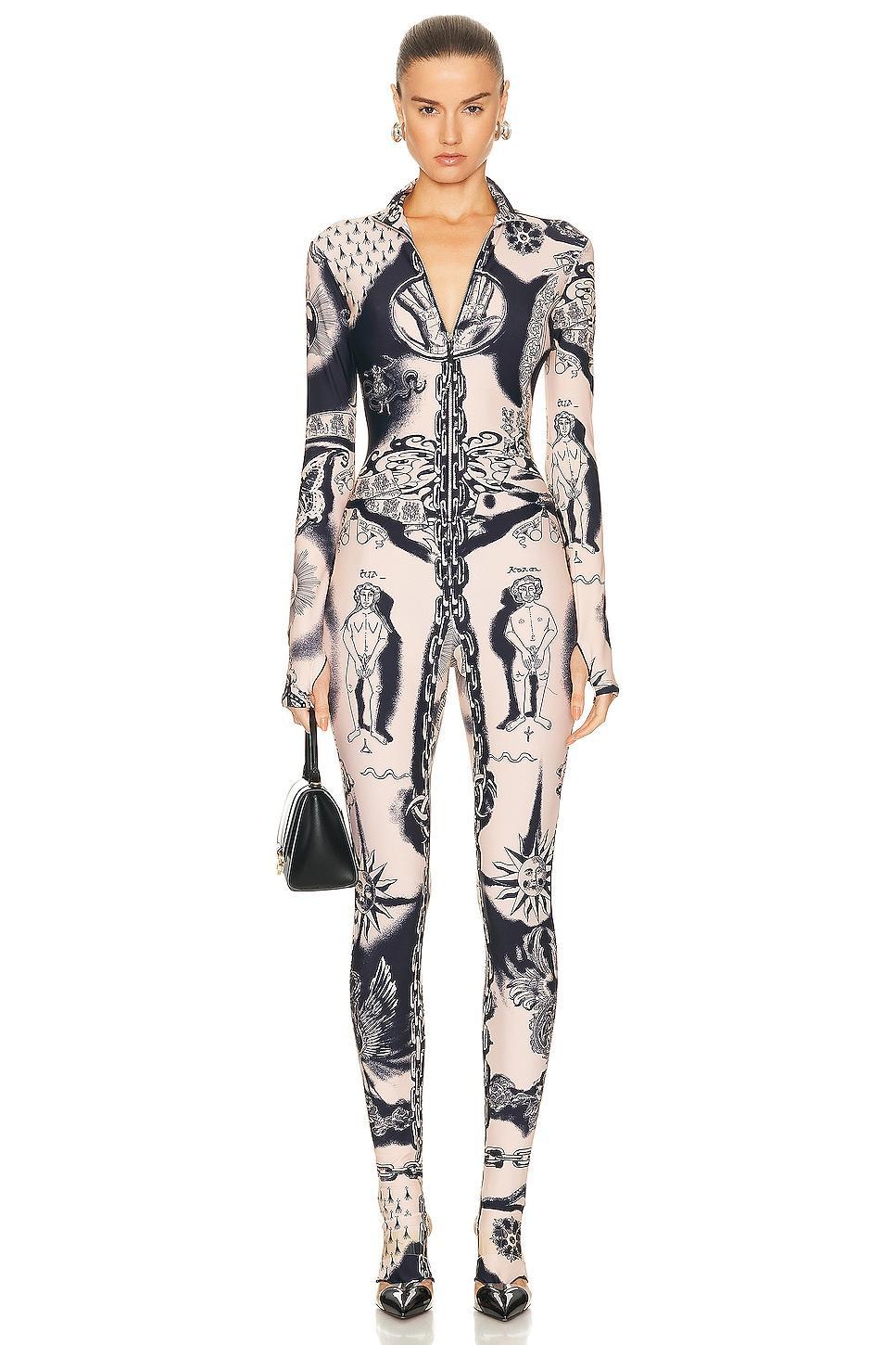 Jean Paul Gaultier Printed Heraldique Long Sleeve High Neck Jumpsuit in Nude Product Image