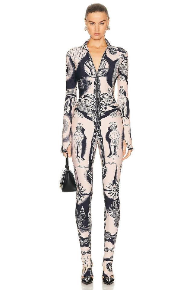 Jean Paul Gaultier Printed Heraldique Long Sleeve High Neck Jumpsuit in Nude Product Image