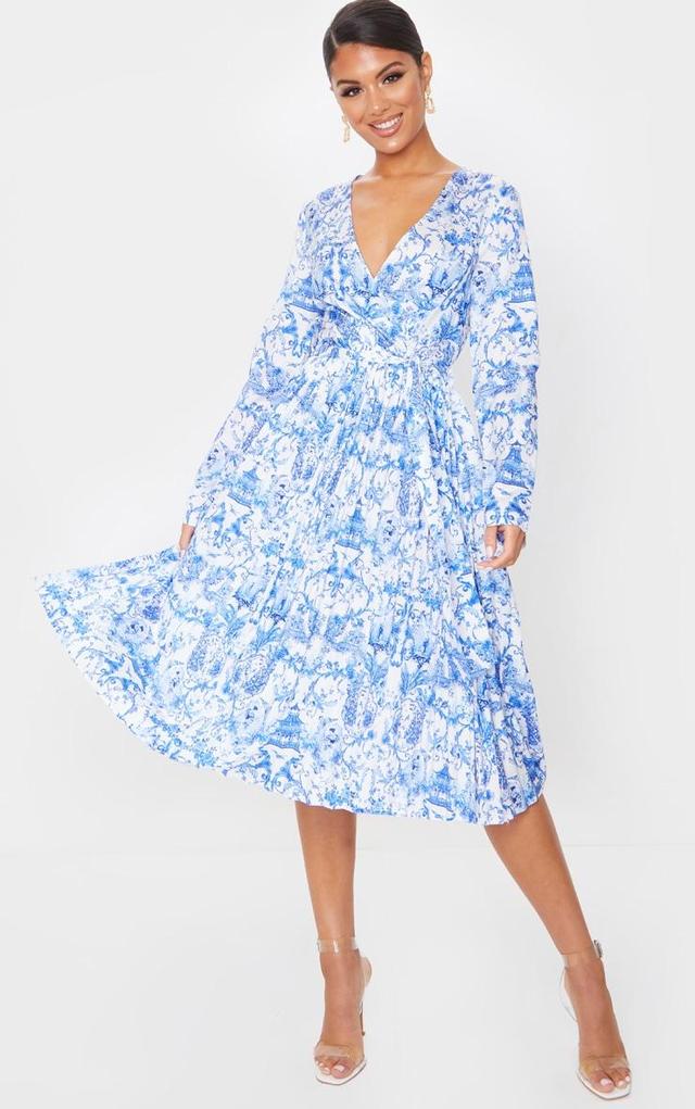 Blue Porcelain Print Long Sleeve Pleated Midi Dress Product Image