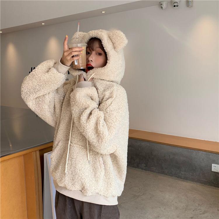 Plain Bear Ear Drawstring Fleece Hoodie Product Image