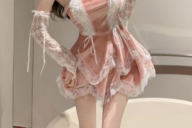 Long Sleeves Off-Shoulder Lace Trim Ruffle A-Line Mini Dress Product Image