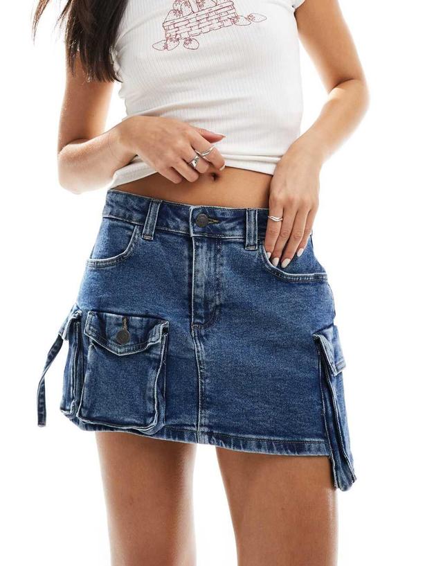 Noisy May denim mini skirt with cargo detail in blue acid wash Product Image