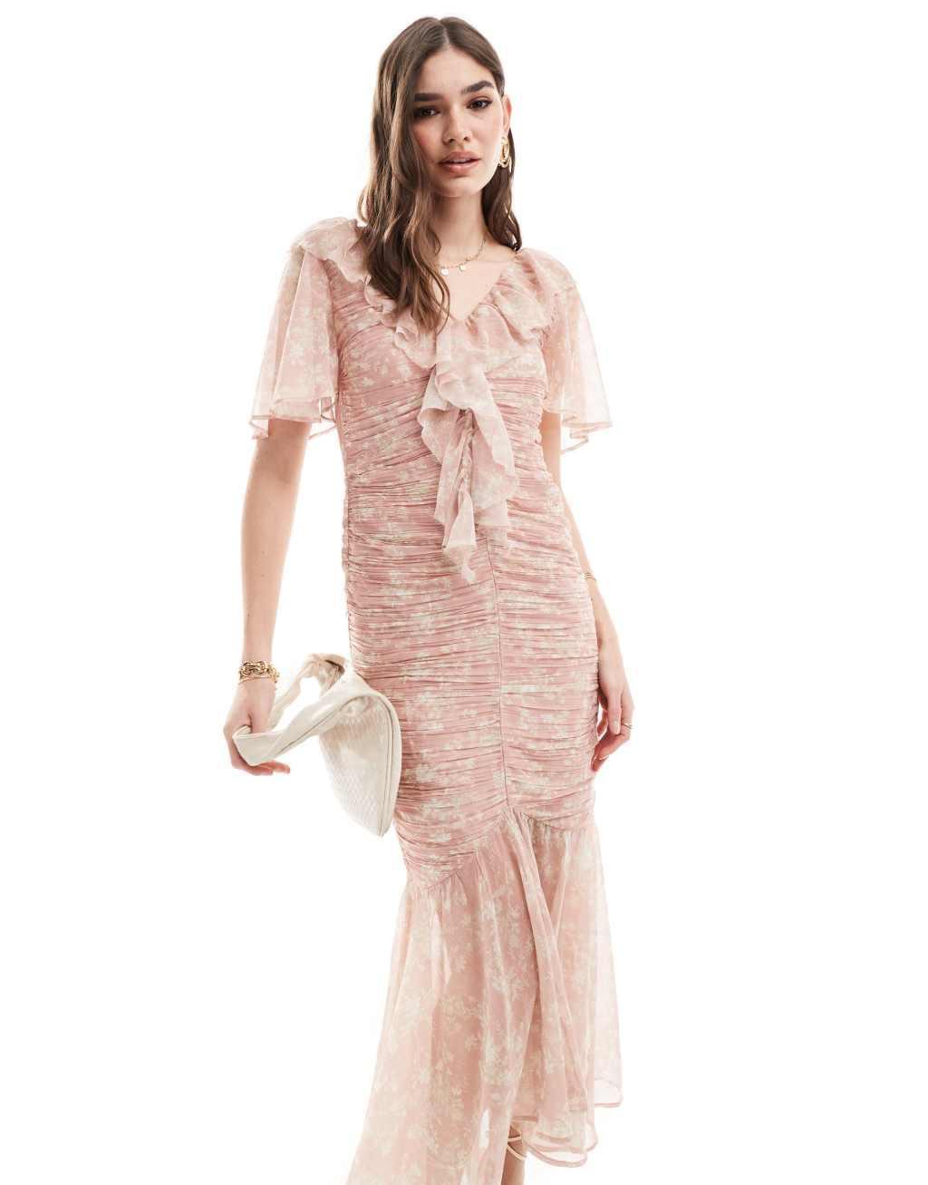 ASOS DESIGN handkerchief hem midi dress in pink floral print Product Image