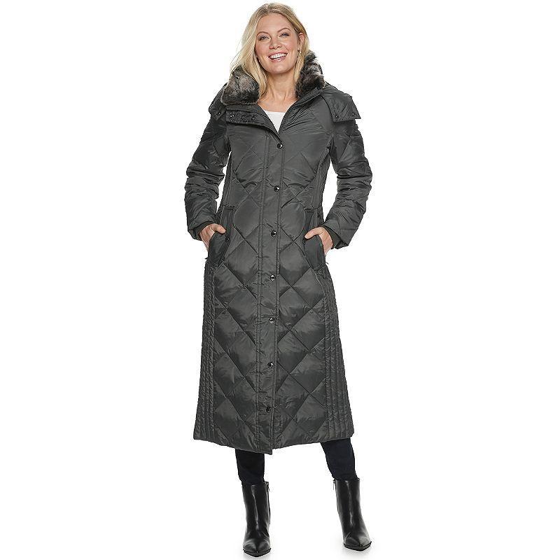 Womens TOWER by London Fog Hooded Quilted Puffer Down Maxi Coat Grey Product Image