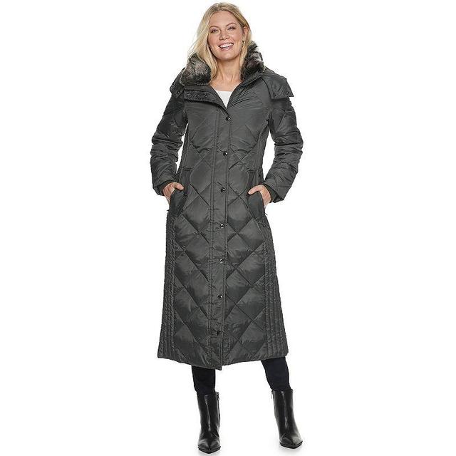 Womens TOWER by London Fog Hooded Quilted Puffer Down Maxi Coat Grey Product Image