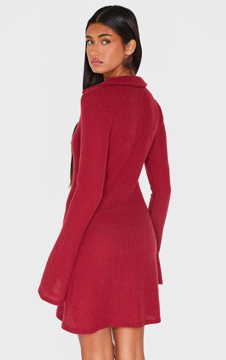 Burgundy Waffle Textured Long Sleeve Shift Dress Product Image