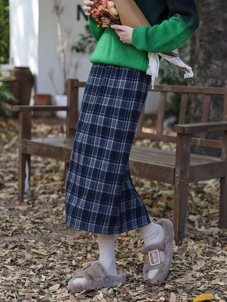 High Waist Plaid A-Line Midi Skirt product image