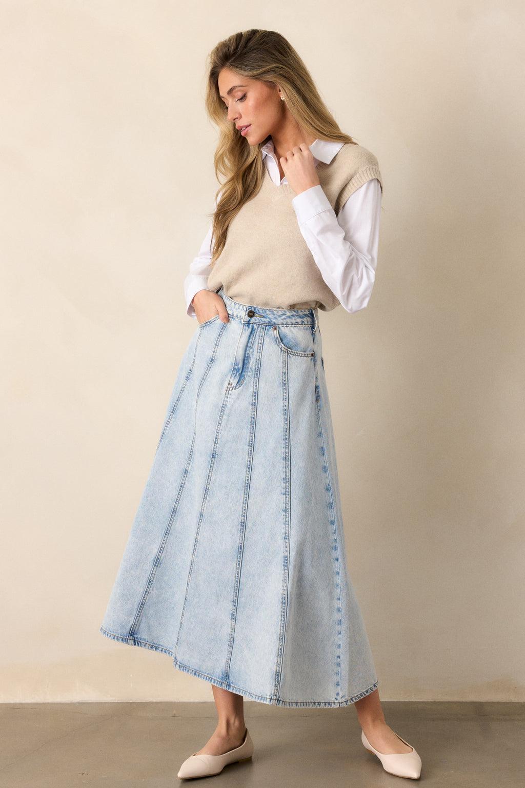 Rustic Dream Light Wash Denim Maxi Skirt Product Image