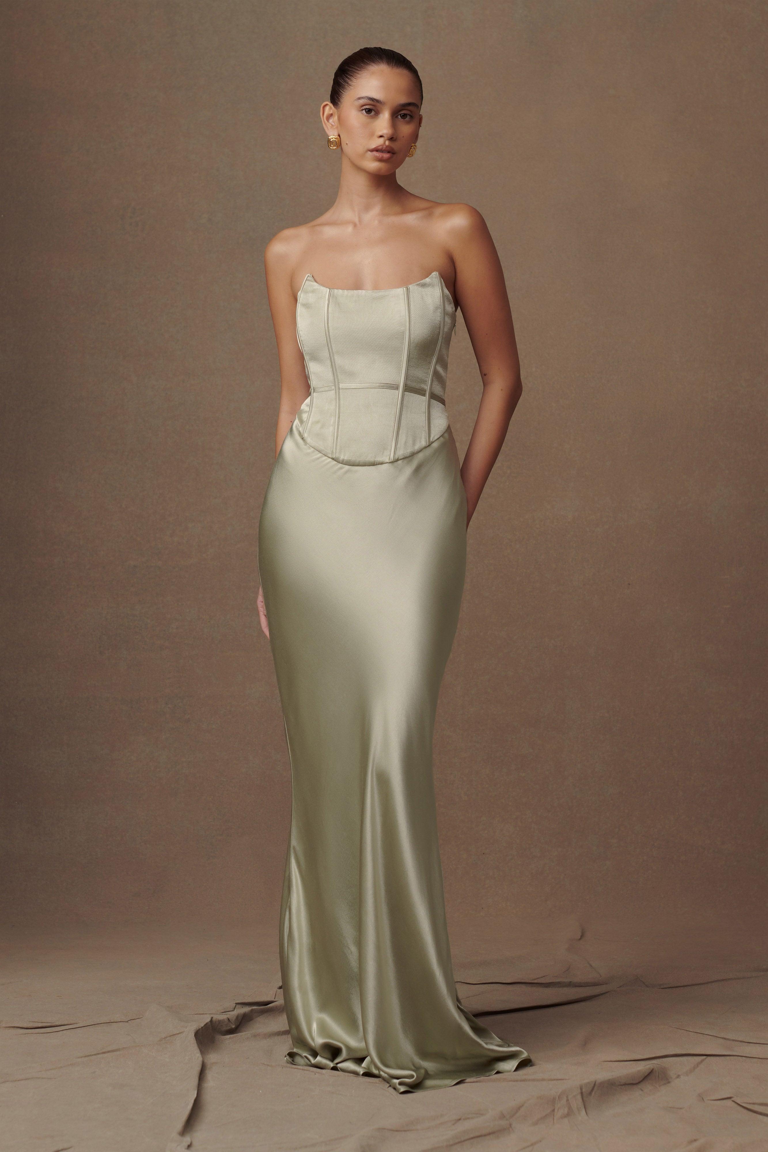 Harlow Satin Strapless Maxi Dress - Sage Product Image