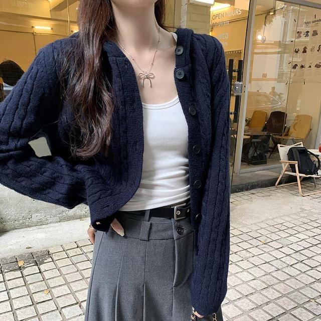 Plain Hooded Cable Knit Button-Up Cardigan Product Image