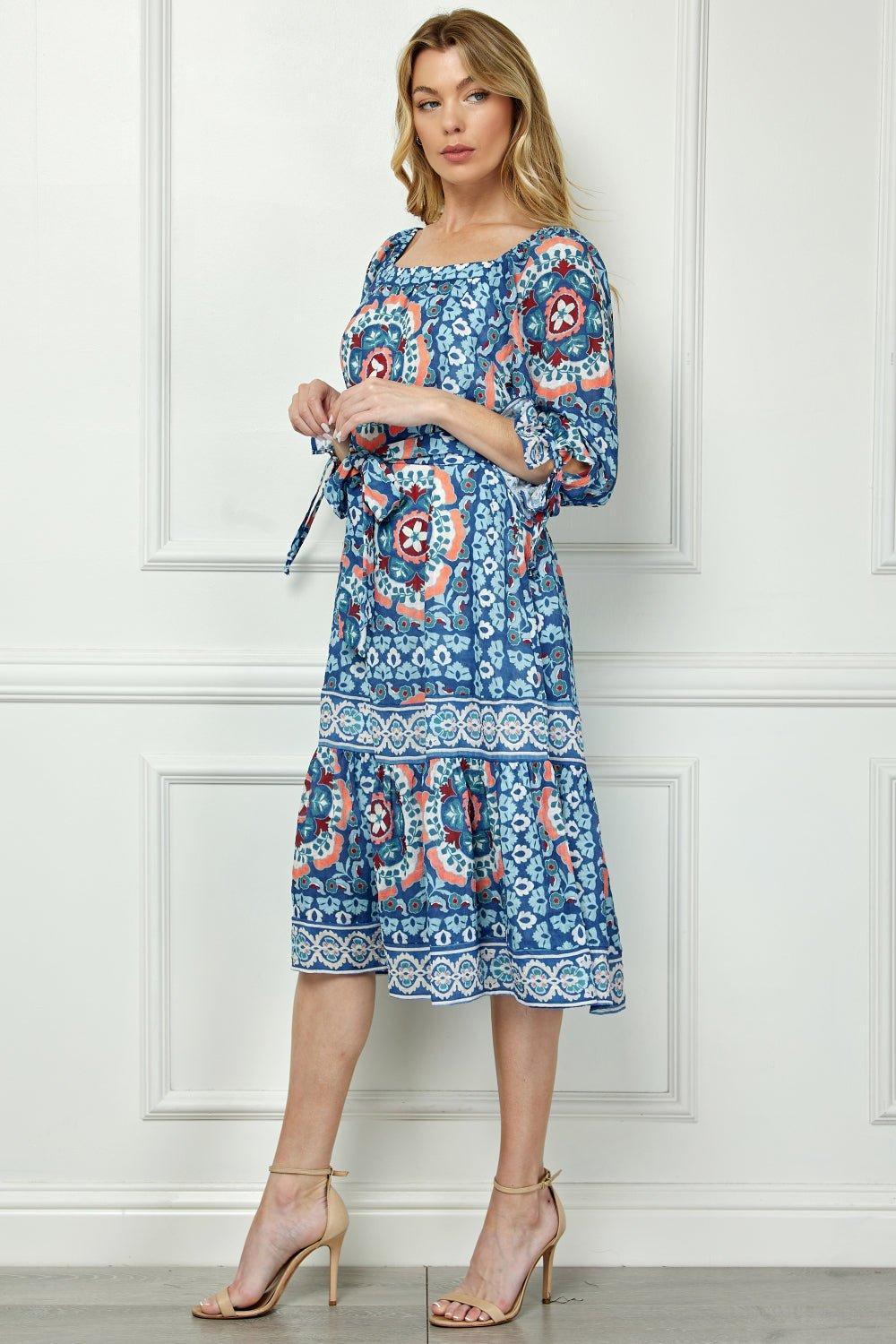 Long Sleeve Square Neck Printed Midi Dress Product Image